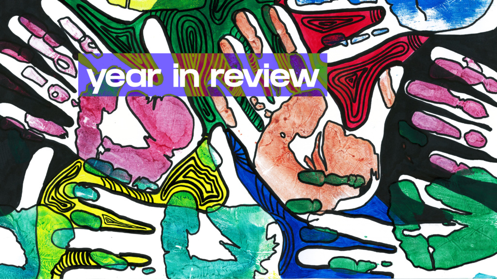 Year in review - colourful hand-drawn illustration of hands
