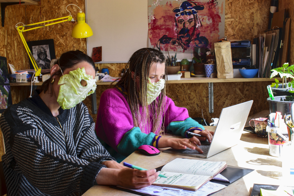 work in the office wearing cabbage masks